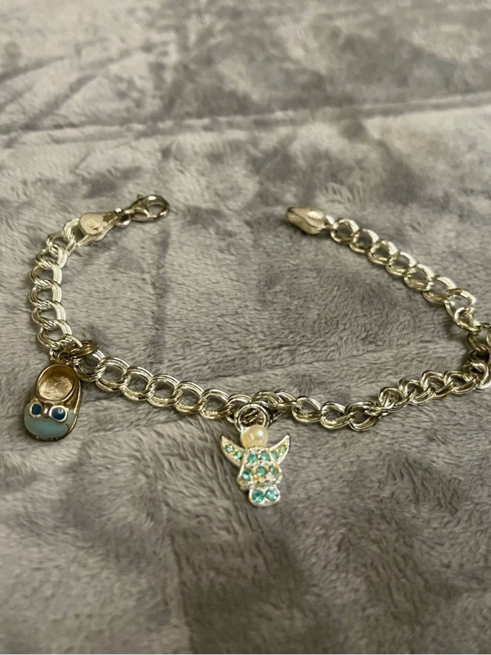 925 Italian Silver Charm Bracelet with Blue Enamel Baby Shoe & Angel Charms